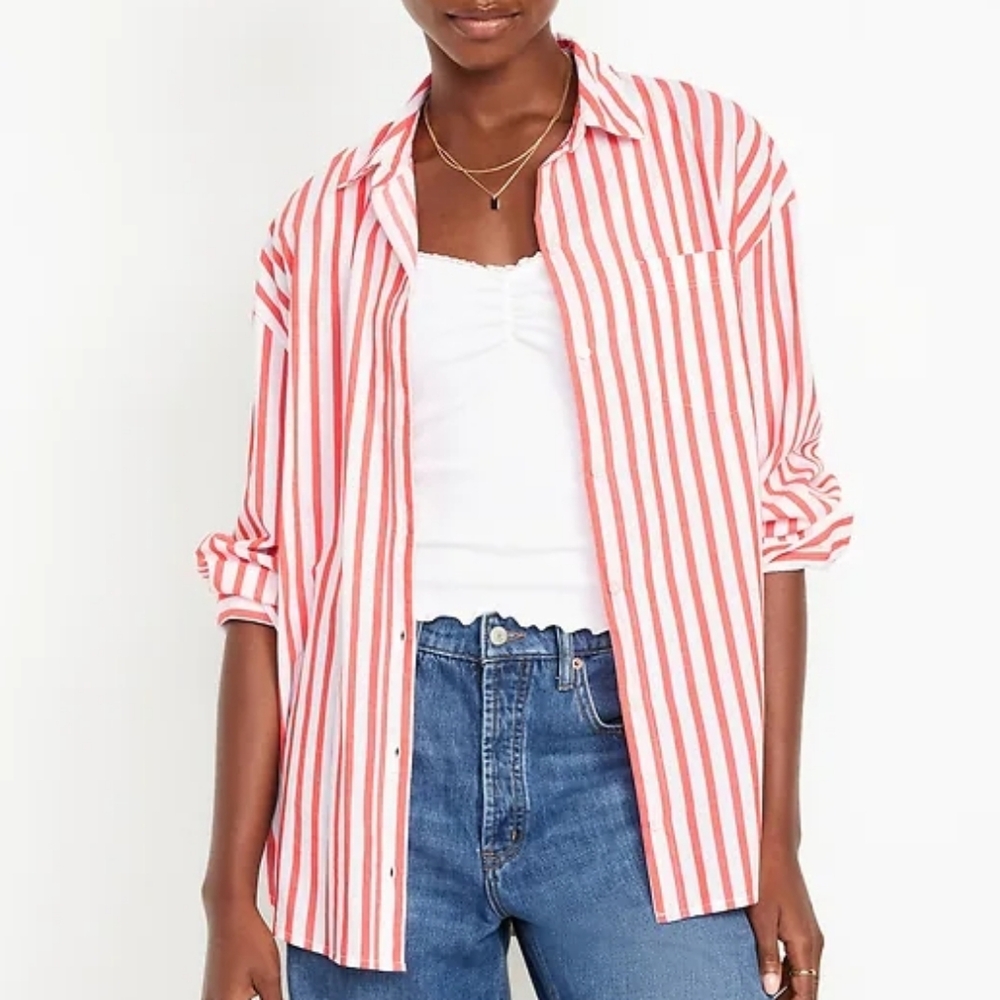 Old Navy Red Stripe Poplin Oversized Button-Down Boyfriend Shirt Size Medium